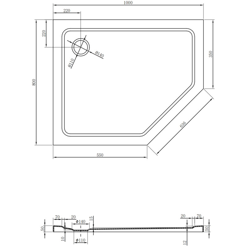Mexen Flat петоъгълно тънко ляво duş основа 100 x 80 cm, черно, сифон хром - 41P708010L