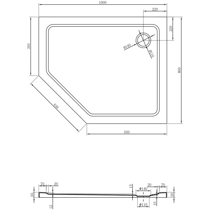 Mexen Flat петостенен тънък душов поднос десен 100 x 80 см, черен, сифон хром