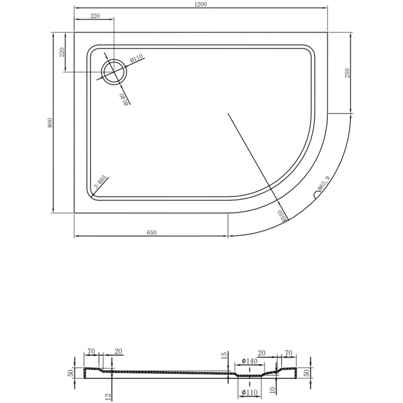 Mexen Flat полукръгъл плосък ляв 120 x 80 см, бял, сифон хром - 41108012L