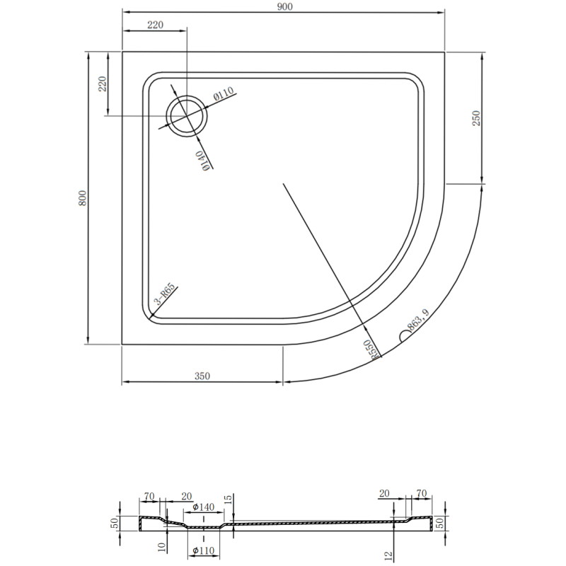 Mexen Flat полукръгъл ултра тънък душ-корито ляво 90 x 80 см, черен, сифон хром