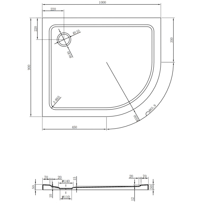 Mexen Flat полуободовиден плосък поддушов леген ляв 100 x 90 cm, бял, сифон