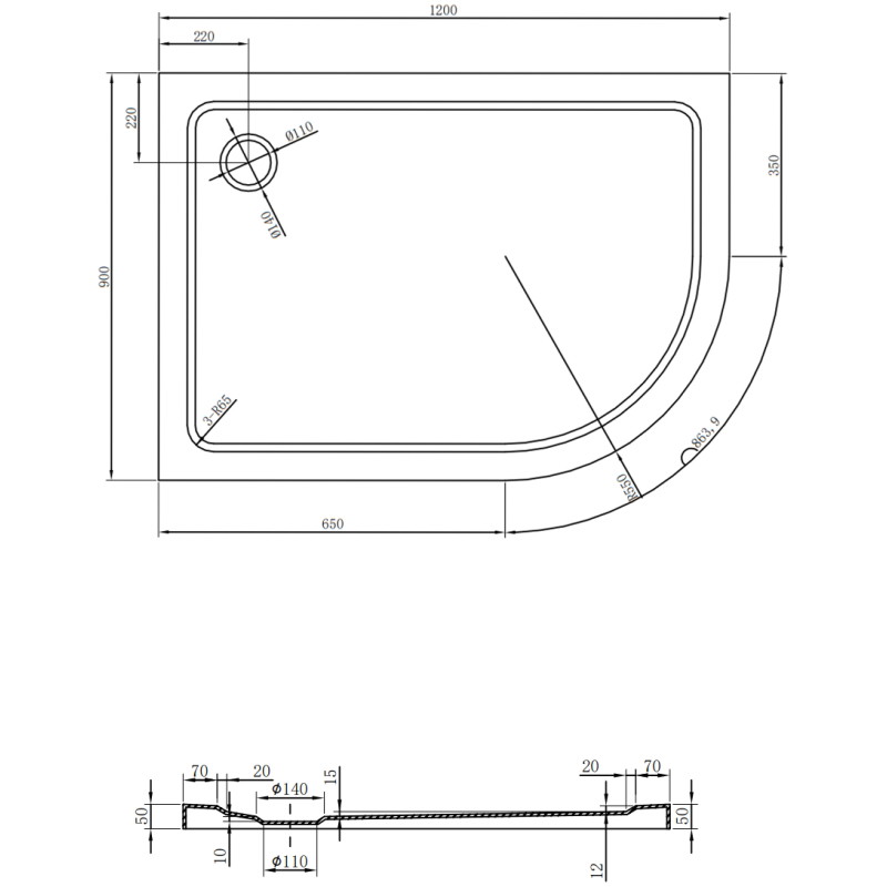 Mexen Flat полукръгъл тънък лев душ кабина 120 x 90 см, бял, сифона черен