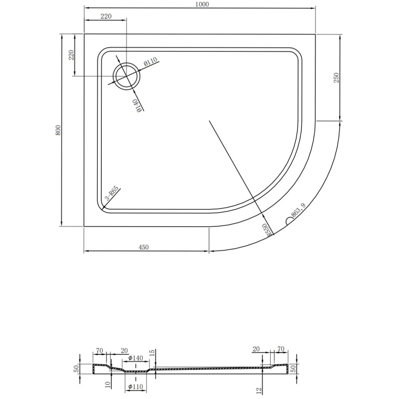 Mexen Flat полукръгъл душак Slim ляв 100 x 80 см, черен, сифон черен - 41708010L-B