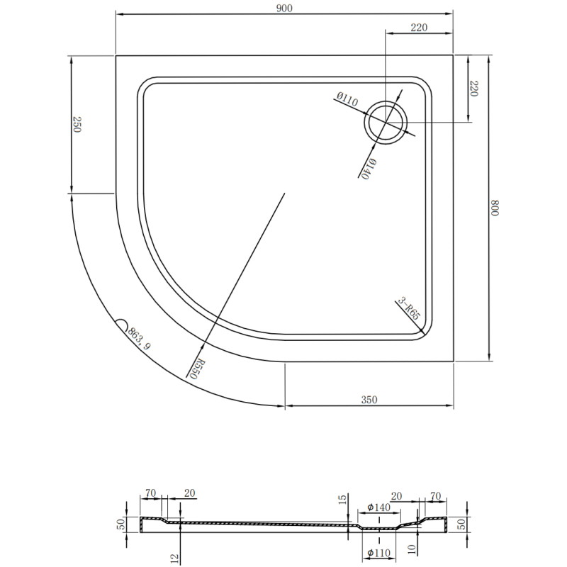 Mexen Flat полукръгъл поддушов къс със сифон, 90 x 80 см, бял, хромиран сифон