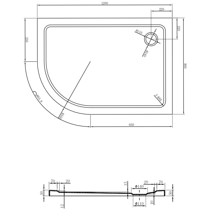 Mexen Flat полукръгълен плосък душ корито, десен, 120 x 80 см, бял, сифон хром