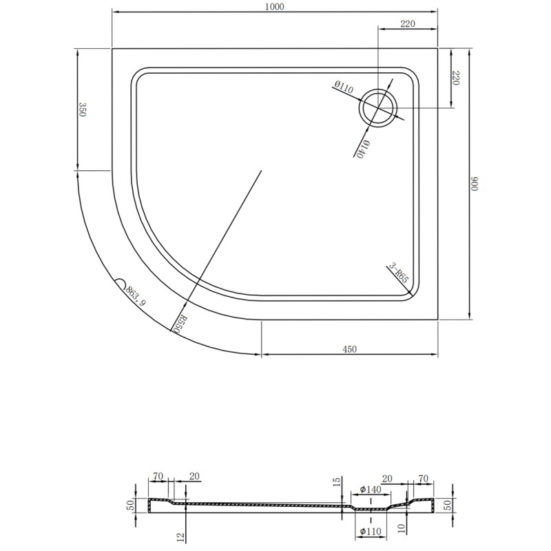 Mexen Flat полукръгъл поддушов коритo slim десен 100 x 90 cm, бял, сифон черен
