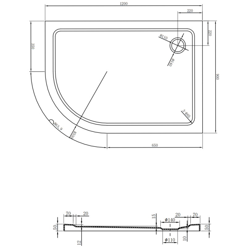 Mexen Flat душ подложка полукръгла слим десен 120 x 90 см, черен, сифон черен