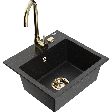 Mexen Milo гранитна мивка с 1 камера и кухненски смесител Telma, черно/сребърно - 6505-73-670200-50