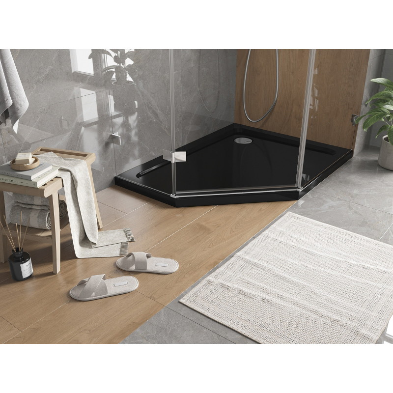 Mexen Flat петостенен тънък душов поднос десен 100 x 80 см, черен, сифон хром