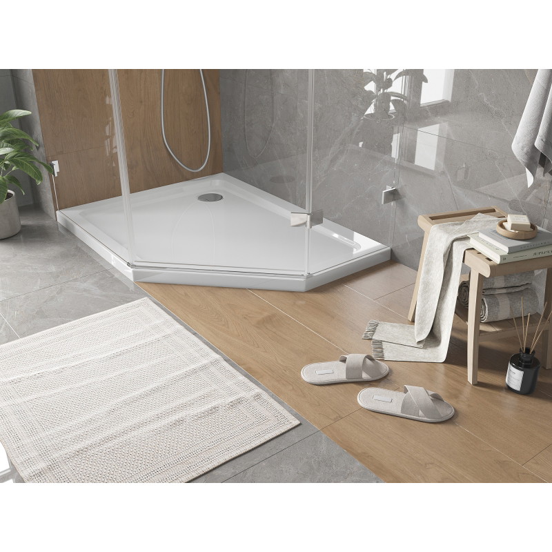 Mexen Flat петостенен плит за душ тип slim - ляв 90 x 80 см, бял, с хром сифон