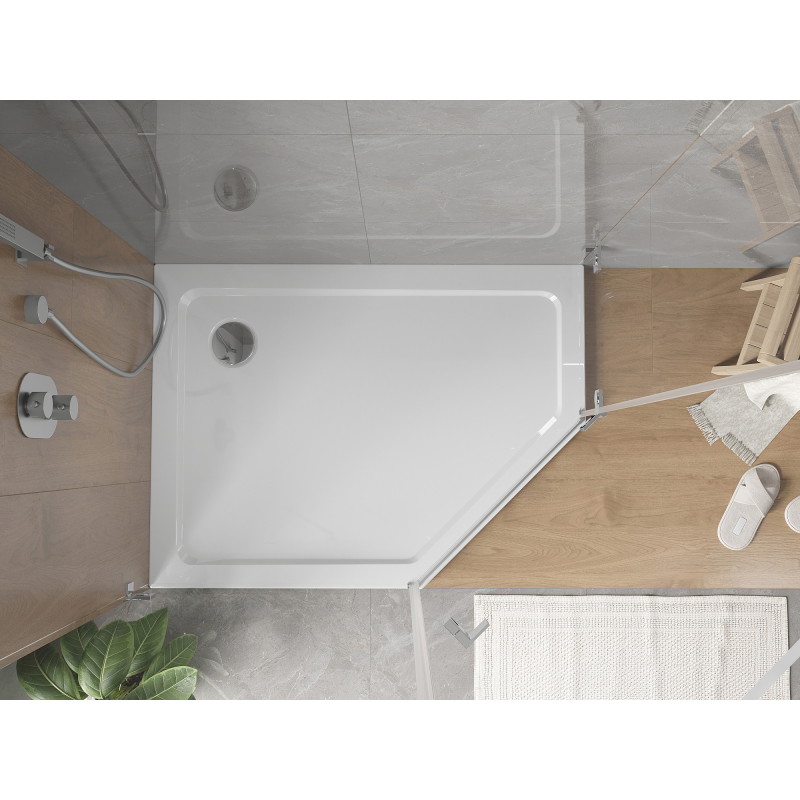 Mexen Flat петостенен плит за душ тип slim - ляв 90 x 80 см, бял, с хром сифон