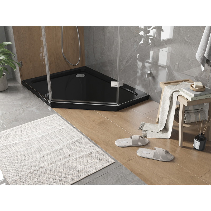 Mexen Flat петоъгълно тънко ляво duş основа 100 x 80 cm, черно, сифон хром - 41P708010L
