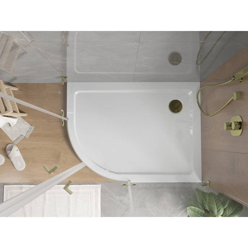 Mexen Flat полукръгъл душов поддънник slim десен 90 x 80 cm, бял, сифон златен