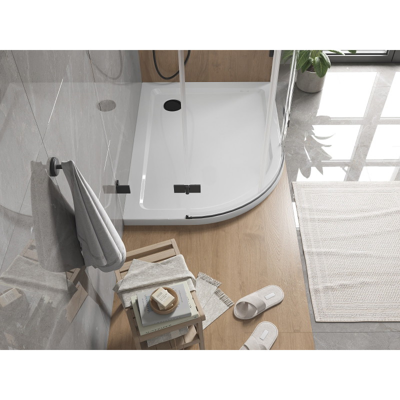 Mexen Flat полукръгъл душов поддон Slim десен 90 x 80 см, бял, черен сифон