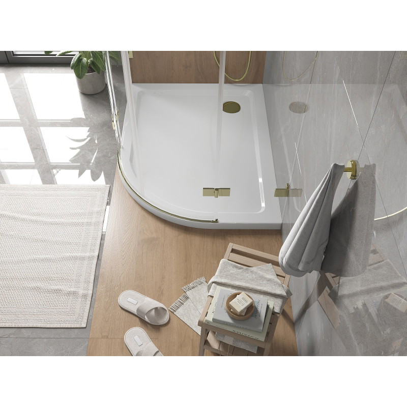 Mexen Flat полукръгъл плитък ляв душ-корито 90 x 80 см, бял, златен сифон