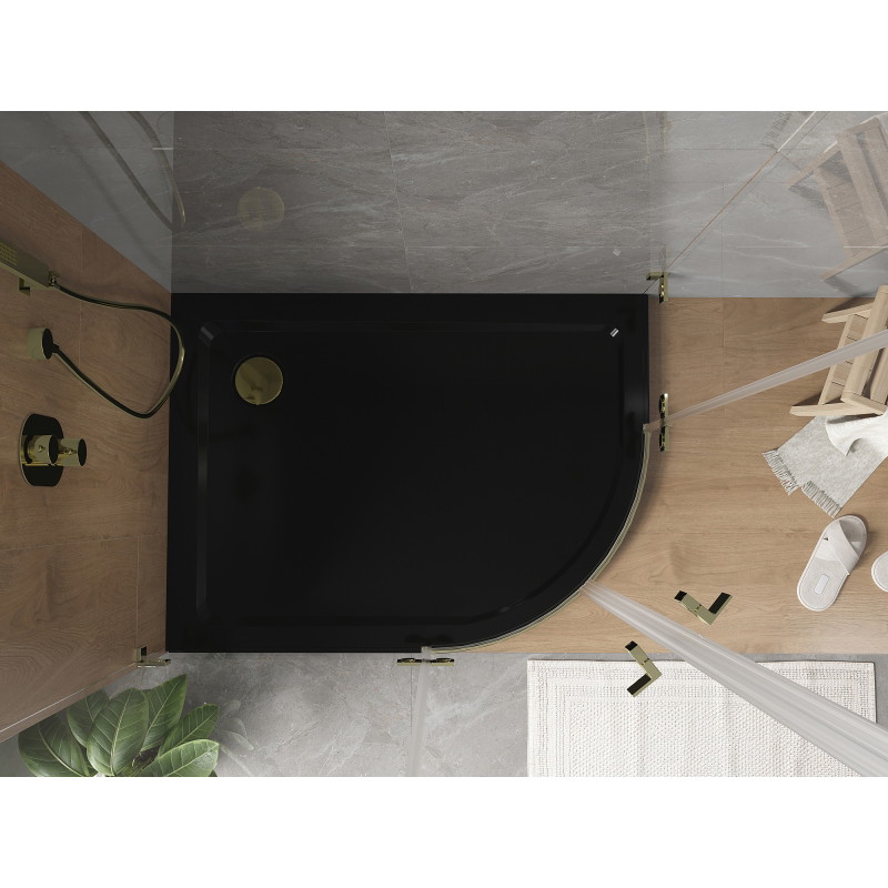 Mexen Flat полукръгла тънка лява душ кабина 90 x 80 см, черна, сифон златен