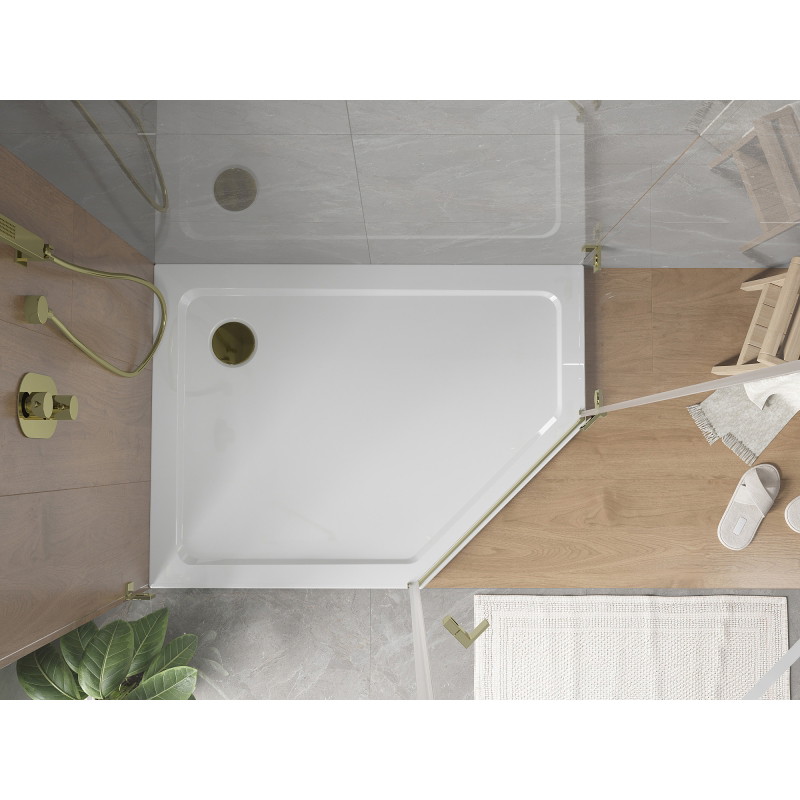 Mexen Flat петостенен тънък ляв душ подложка 100 x 80 cm, бял, сифон златен