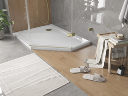 Mexen Flat петоъгълна тава slim лява 100 x 90 см, бяла, сифон златен - 41P109010L-G