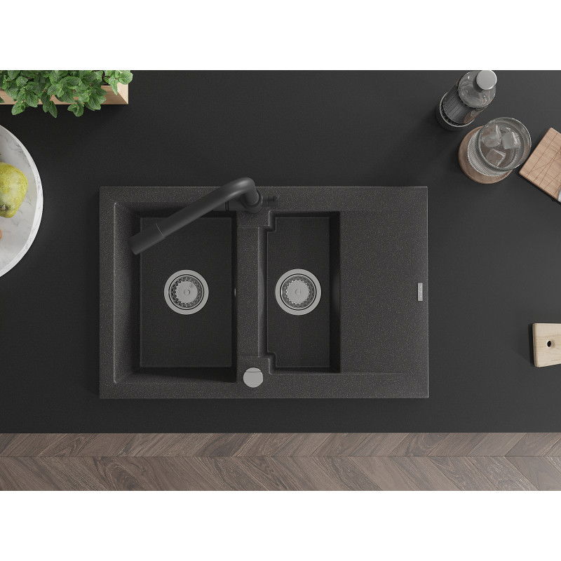 Mexen Gaspar гранитна мивка с 1,5 камери и отцедник с кухненски смесител Duero, черен накапкван - 6507-76-671600-70