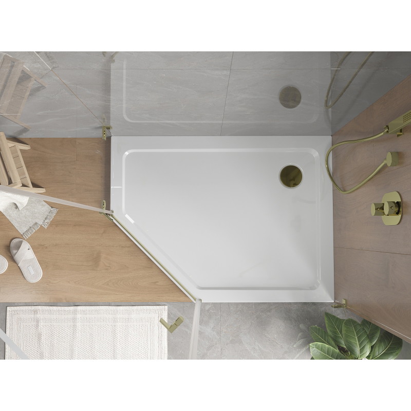 Mexen Flat петостенен тънък душ поддушови, десен 100 x 90 см, бял, сифон златен