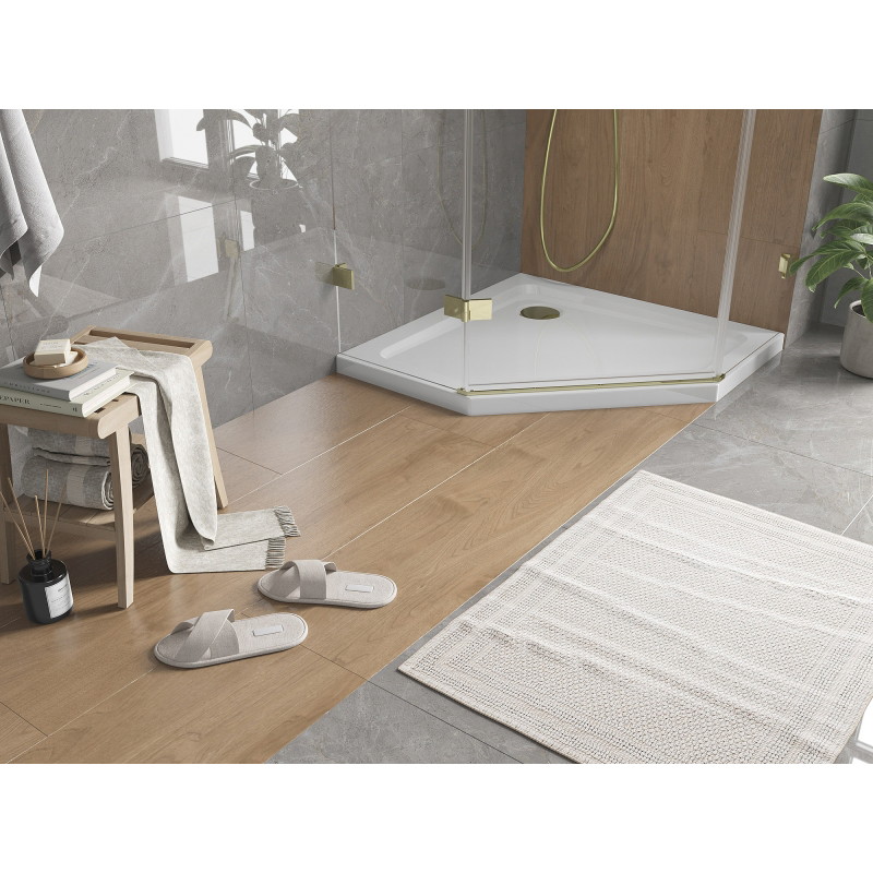 Mexen Flat петоъгълно тънко корито 100 x 100 см, бяло, златен сифон - 41P101010-G