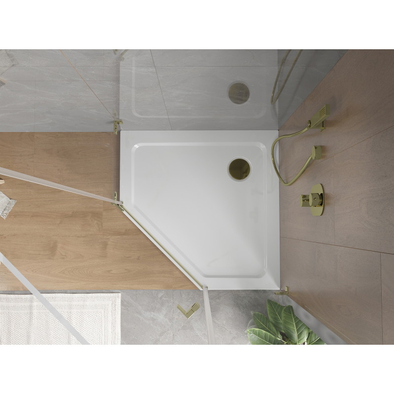 Mexen Flat петоъгълно тънко корито 100 x 100 см, бяло, златен сифон - 41P101010-G