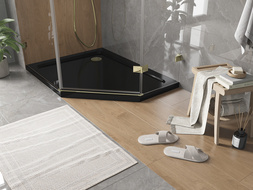 Mexen Flat петоъгълна поддушова тава slim лява 100 x 90 см, черна, сифон златен