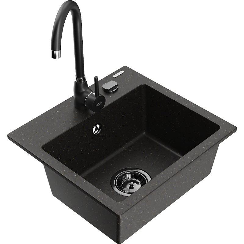 Mexen Milo гранитна мивка с 1 отделение с кухненски смесител Telma, черен/златен - 6505-75-670200-70-B