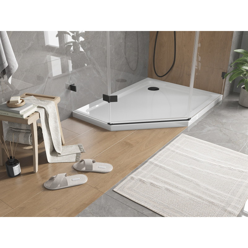 Mexen Flat петостенен тънък поддушов корито, 100 x 80 см, бял, черен сифон