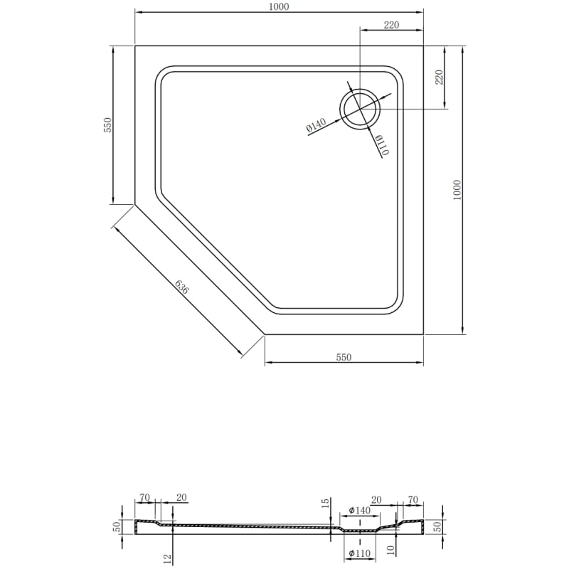 Mexen Flat петоъгълен душов поднос Slim 100 x 100 см, черен, сифон черен - 41P701010-B