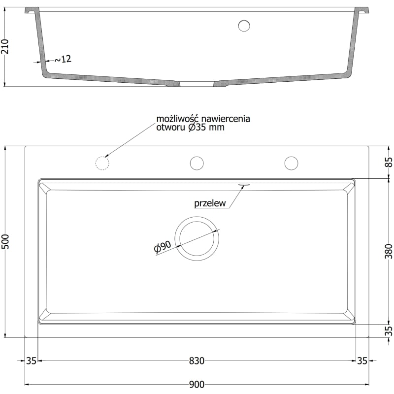 Mexen Slido гранитна мивка 1-камерна 900 x 500 мм, черен/златист металик,