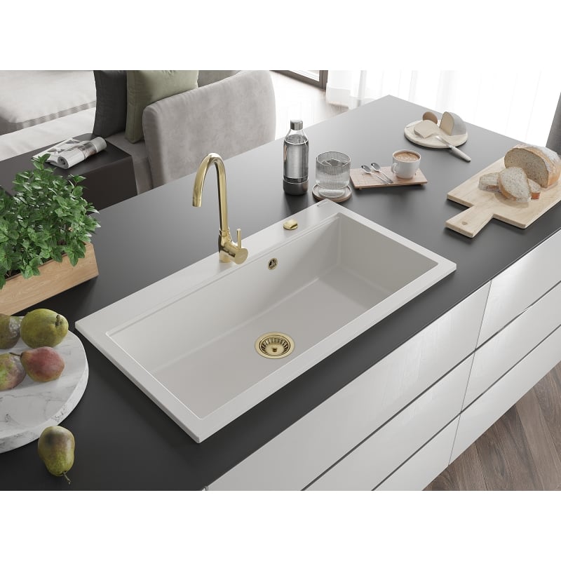 Mexen Slido гранитна мивка 1-камерна 900 x 500 mm, бяла, сифон златен - 6528901005-20-G