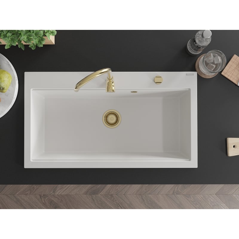 Mexen Slido гранитна мивка 1-камерна 900 x 500 mm, бяла, сифон златен - 6528901005-20-G