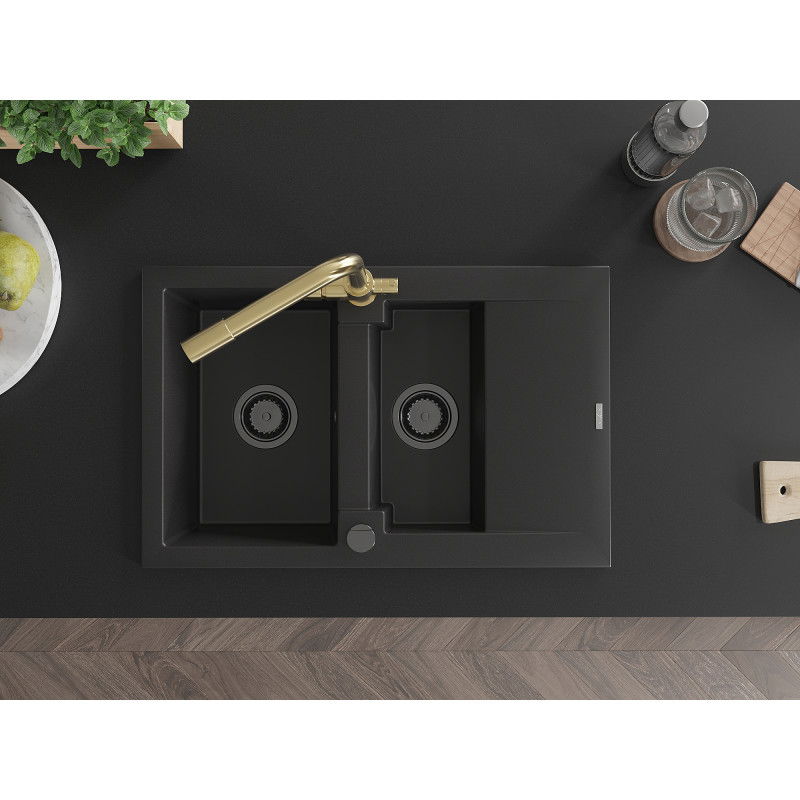 Mexen Gaspar гранитна мивка с 1,5 камери с отцедник и кухненски смесител Duero, черен - 6507-77-671600-50-B