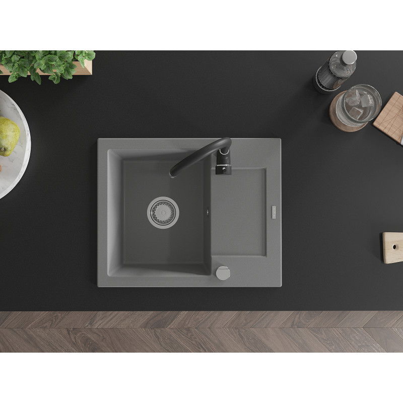 Mexen Enzo кухненска мивка от гранит с 1 кофа и отцедник и кухненски смесител Telma, сив - 6506-71-670200-70