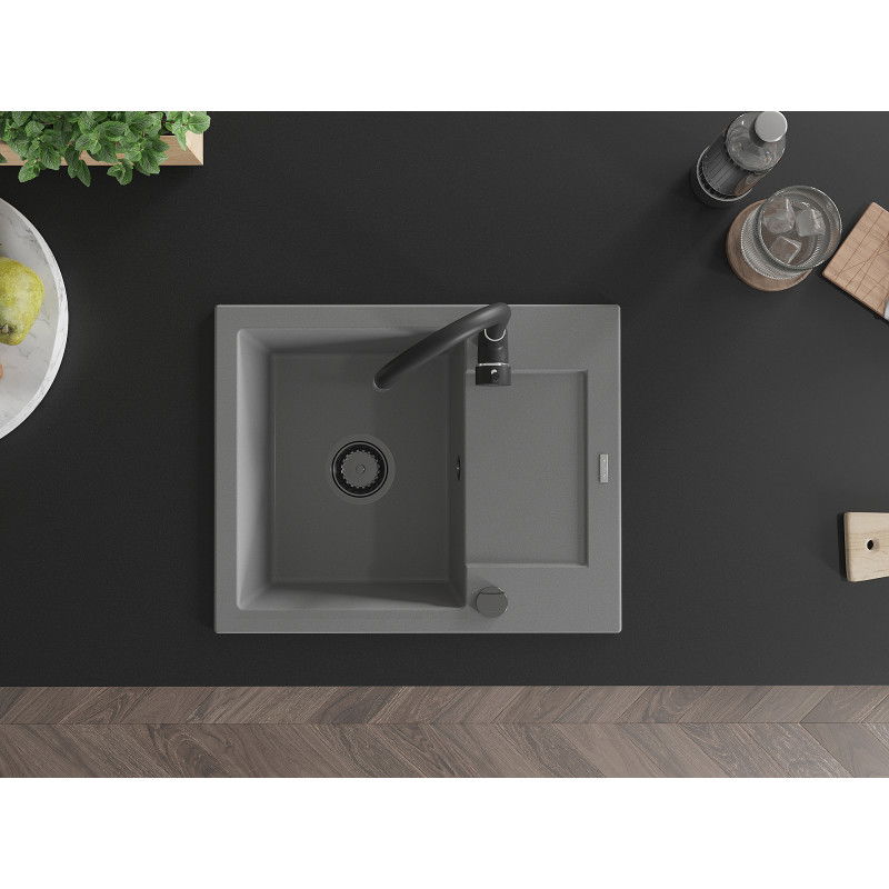 Mexen Enzo еднокоморна гранитна мивка с отцедник и кухненски смесител Telma, сив - 6506-71-670200-70-B