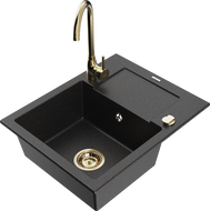 Mexen Enzo гранитна мивка с 1 камера с отцедник и кухненски смесител Telma, черен/сребърен - 6506-73-670200-50
