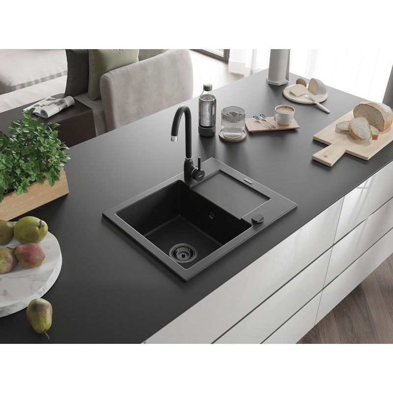 Mexen Enzo гранитна кухненска мивка с 1 отделение, капак и кухненски смесител Telma, черен/сребърен - 6506-73-670200-70-B