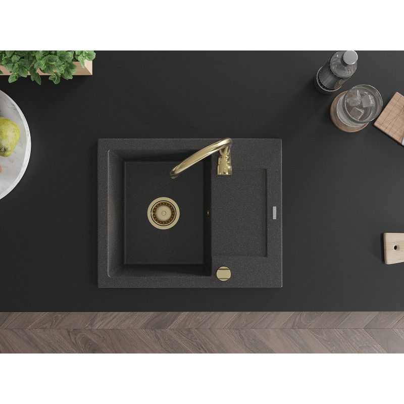 Mexen Enzo гранитна мивка с 1 отделение с отцедник и кухненски смесител Telma, черно на пръски - 6506-76-670200-50