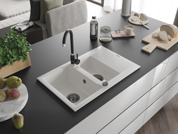Mexen Gaspar гранитна мивка 1,5-коморна с отцедник и кухненски смесител Telma, бял - 6507-20-670200-70