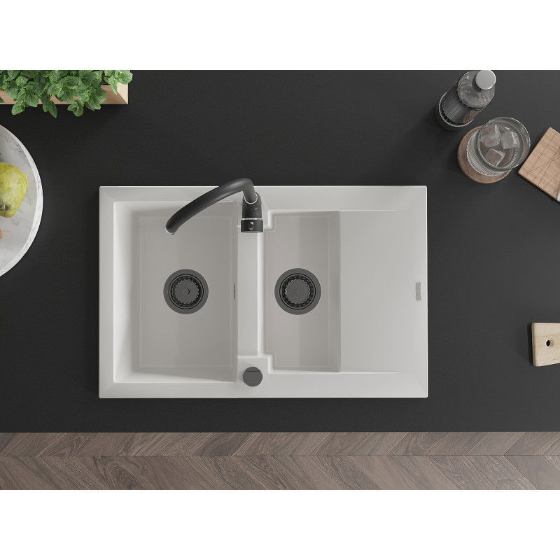 Mexen Gaspar гранитна мивка 1,5-коморна с отцедник и кухненски смесител Telma, бял - 6507-20-670200-70
