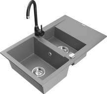 Mexen Gaspar гранитна мивка с 1,5 камери с отцедник и кухненски смесител Telma, сива - 6507-71-670200-70