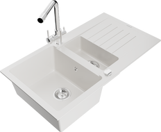 Mexen Matias гранитна мивка 1,5-коморна с дренаж и кухненски смесител Duero, бял