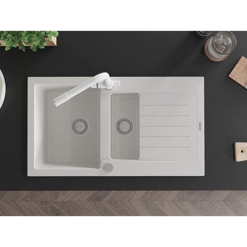 Mexen Matias гранитна мивка 1,5-коморна с дренаж и кухненски смесител Duero, бял - 6502-20-671600-20