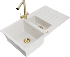 Mexen Matias гранитна мивка 1,5-каморна с дренаж и кухненски смесител Duero, бял - 6502-20-671600-50