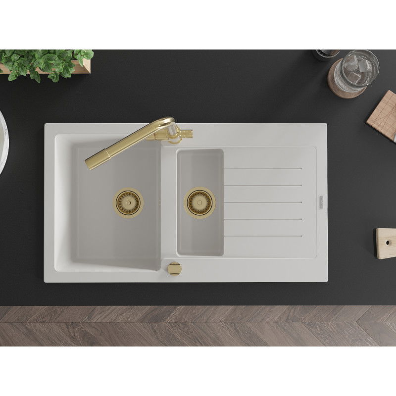 Mexen Matias гранитна мивка 1,5-каморна с дренаж и кухненски смесител Duero, бял - 6502-20-671600-50