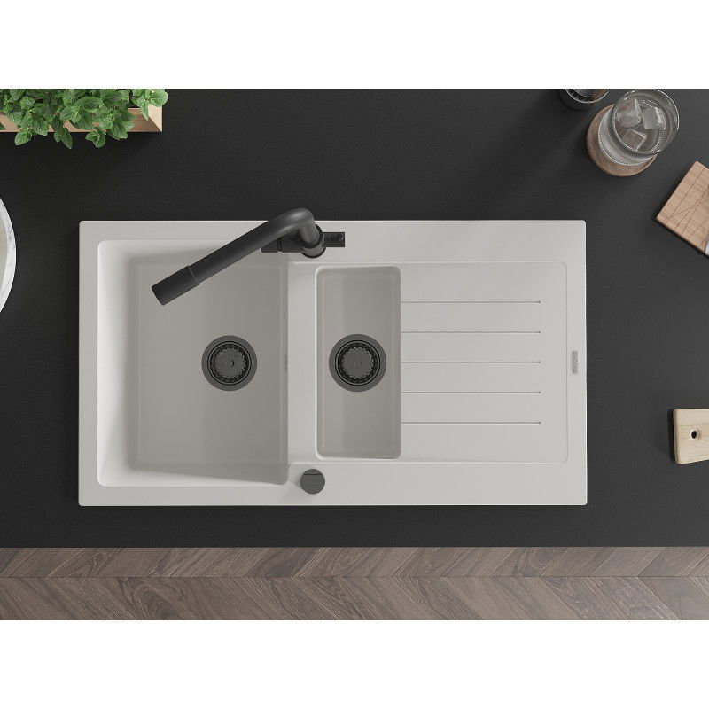 Mexen Matias гранитна кухненска мивка 1,5 отделения с отцедник и кухненски смесител Duero, бял - 6502-20-671600-70