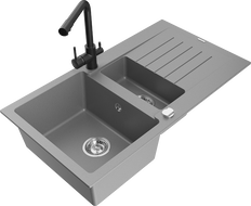 Mexen Matias гранитна мивка 1,5-камерна с отцедник и кухненски смесител Duero, сива - 6502-71-671600-70
