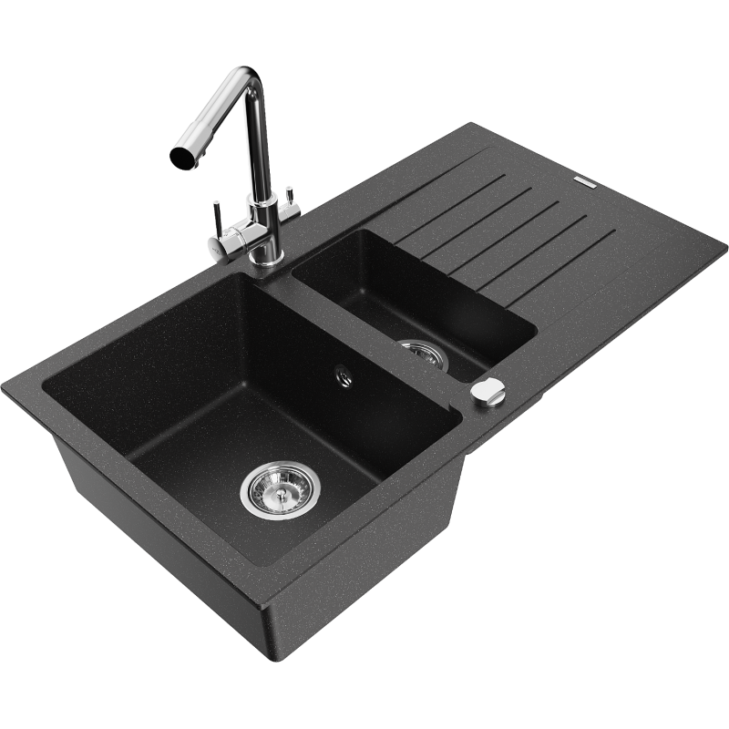 Mexen Matias гранитна мивка с 1,5 камери с отцедник и кухненски смесител Duero,