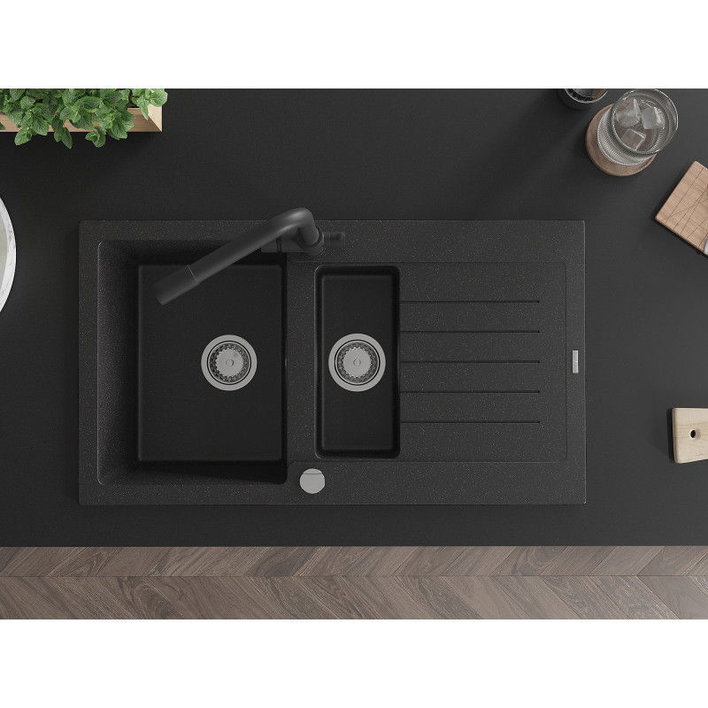 Mexen Matias гранитна мивка 1,5-коморна с отцедник и кухненски смесител Duero, черен/сребрист металик- 6502-73-671600-70